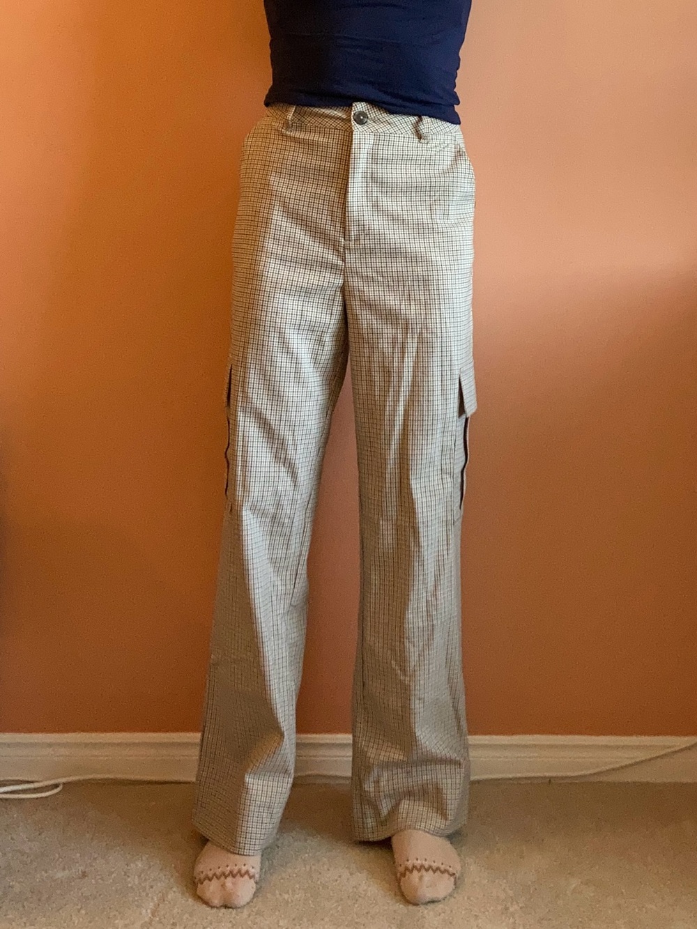 Simons Tan Checked Wide-Leg Cargo Pants